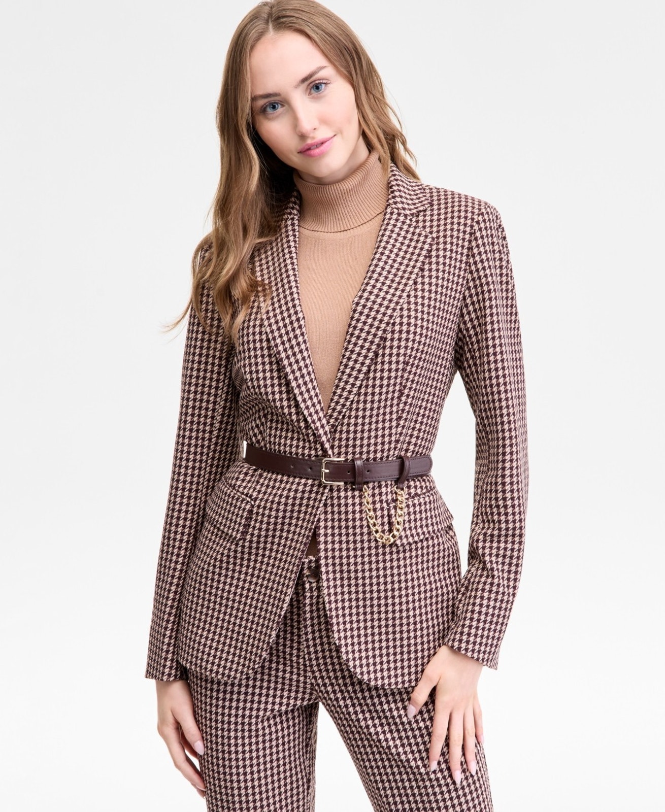 Anne Klein Women's Belted Houndstooth-Print Blazer Brown Size 4 2927